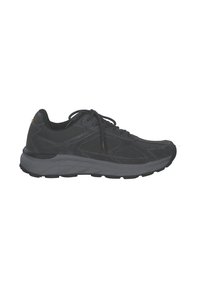 Sneaker de sport noire avec col rembourré, design à lacets, couture visible et semelle grise épaisse, présenté en profil latéral gauche.