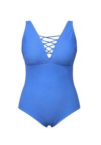 Maillot de bain une pièce bleu avec un décolleté en V profond et des détails en dentelle entrecroisée. Fabriqué en tissu lisse, il a une silhouette ajustée et des accents minimalistes.