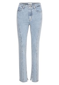 Jeans de denim azul claro de pierna recta con costuras laterales en contraste y dobladillos divididos. Diseño clásico de cinco bolsillos con cierre de botón.