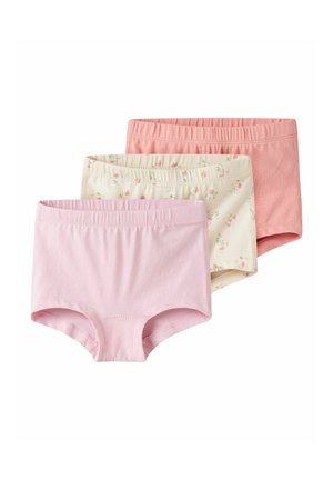 Three pairs of girls' briefs: solid pink, pale yellow with floral pattern, and solid peach. Cotton material, elastic waistband, no additional accents.