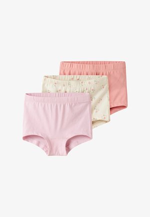 Three pairs of girls' briefs: solid pink, pale yellow with floral pattern, and solid peach. Cotton material, elastic waistband, no additional accents.