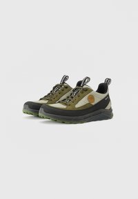 Olivgrüne und schwarze Wanderschuhe mit einer strukturierten Oberseite, verstärkter Zehenpartie, runden Schnürsenkeln und einer grünen Gummisohle. Mit einem Logo-Patch an der Seite.