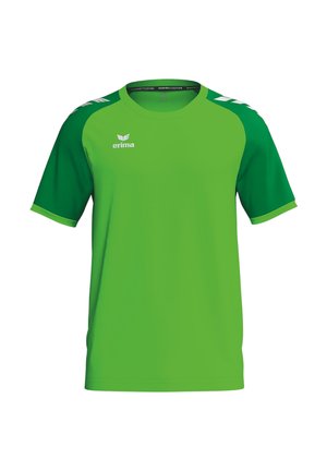 Camiseta deportiva de manga corta en verde brillante con hombros verde oscuro y logo blanco de Erima en el pecho y las mangas.