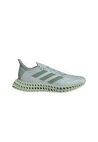 Lichtgrijze sportshoe met drie groene strepen, bovenwerk van ademend materiaal en een kenmerkende hULP met een rasterpatroon voor ondersteuning.