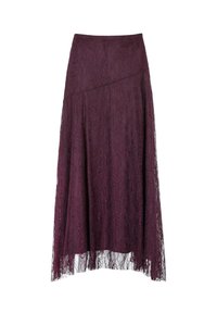 Jupe en dentelle d'un violet profond, avec une texture semi-transparente. Conçue avec une silhouette évasée et un ourlet à plusieurs couches pour un détail supplémentaire.