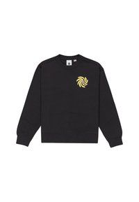 Black sweatshirt made of soft fabric featuring a spiraling yellow logo on the left chest, crew neckline, and ribbed cuffs and hem.