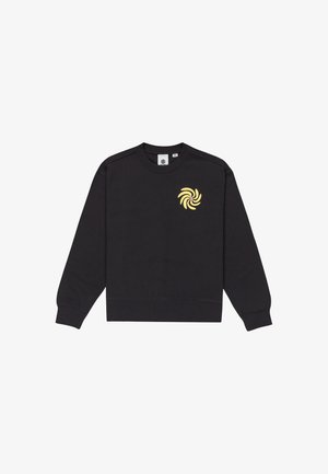 Sort sweatshirt lavet af blødt stof, med et spiralerende gult logo på venstre bryst, rund halsudskæring og ribkantede manchetter og kant.