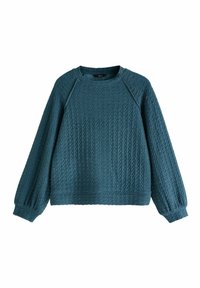 Strukturierter tealfarbener Pullover mit langen Ärmeln, Rundhalsausschnitt sowie gerippten Bündchen und Saum, gefertigt aus einem weichen, gemusterten Stoff.