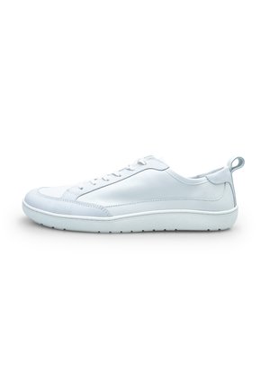White leather sneaker with a low-profile design, round toe, lace closure, and a textured rubber sole. Features a small heel tab.