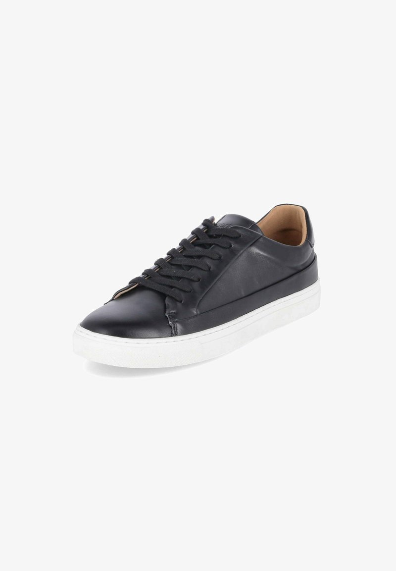 Schwarze Ledersneaker mit glatter Oberfläche, runder Zehenpartie und kontrastierender weißer Gummisohle; ausgestattet mit schwarzen Schnürsenkeln und subtilen Designelementen.