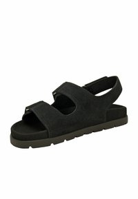 Sandal in suede nero con due cinturini regolabili, design open toe, suola imbottita e suola in gomma testurizzata per una presa sicura.