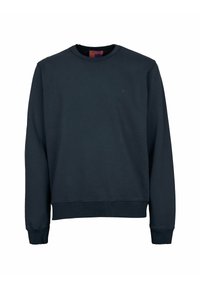 Navy blue sweatshirt, crew neck, ribbed cuffs and hem, featuring a small black logo on the chest. Soft texture, casual design.