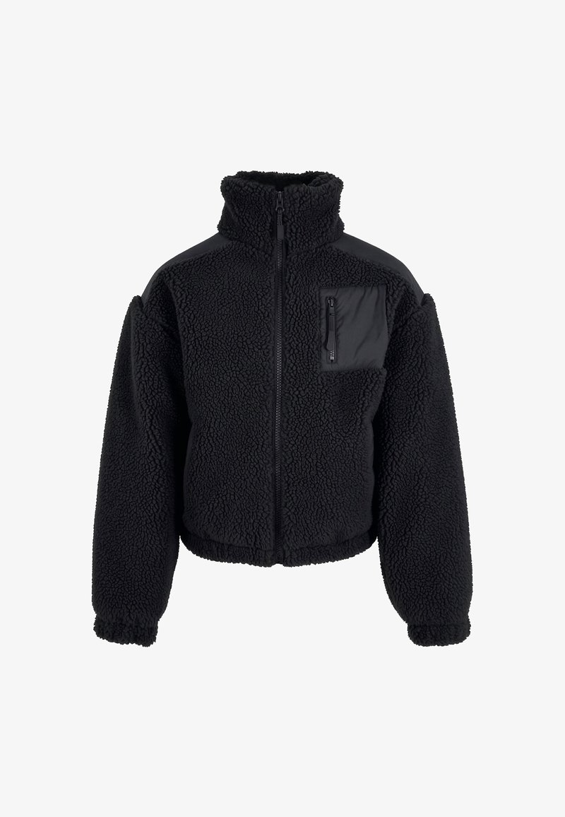 Veste polaire noire avec col montant, fermeture éclair intégrale à l'avant, manches longues, poignets élastiques et une poche poitrine zippée avec contraste de tissu.