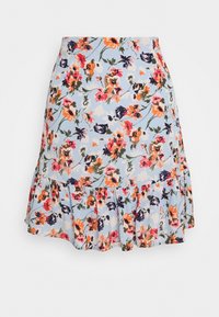 Ljusblå blommig kjol med orange, rosa och marinblå blommor, med volangkant och figursydd midja.