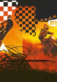 Illustration graphique mettant en scène deux motocyclistes en action sur un fond vibrant orange et noir avec des motifs à damier et des lignes dynamiques.