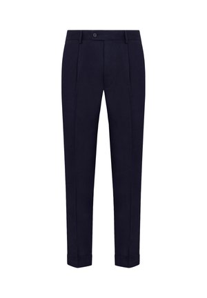 Pantalones azul marino hechos de tejido texturizado, con cierre de botón, pliegues frontales y dobladillos con vuelta para una apariencia confeccionada.