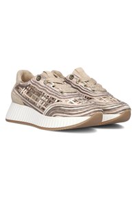 Beige and brown striped sneakers with woven fabric upper, round toe, and textured white sole. Features metallic eyelets and lace closure.