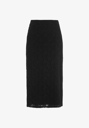 Svart spetskjol i blyertsstil med en åtsittande silhuett. Den texturerade tyget har blommönster och fåll som slutar precis ovanför knäet.