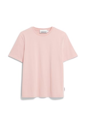 Pink cotton t-shirt with short sleeves, crew neckline, straight hem, and a subtle brand tag on the side. Smooth texture, lightweight fabric.