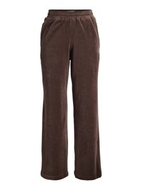 Brown velour straight-leg pants with elastic waistband and side pockets, displayed on a white background.