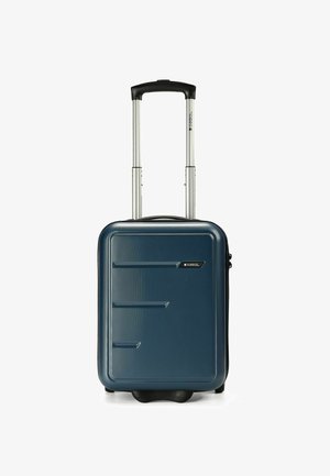 Harde koffer in donkerblauw, met een gestructureerd oppervlak, een uitschuifbare aluminium handgreep en soepele wielen voor mobiliteit.