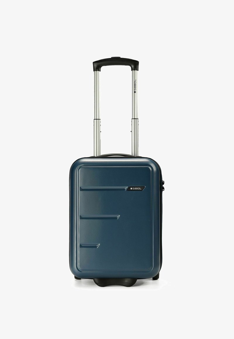 Harde koffer in donkerblauw, met een gestructureerd oppervlak, een uitschuifbare aluminium handgreep en soepele wielen voor mobiliteit.