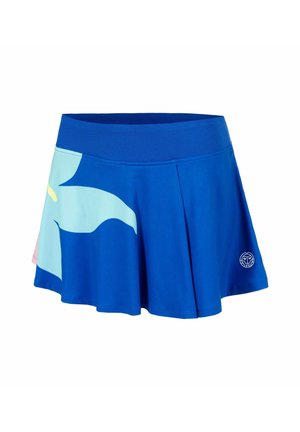Blauwe sportrok met brede elastische tailleband, lichtblauw en geel abstract ontwerp aan de linkerkant en klein wit logo op de rechter zoom.