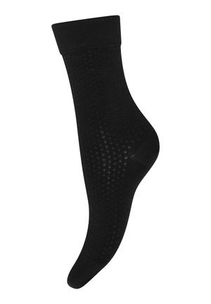 Schwarze Socke aus glattem Material, mit einem gerippten Bündchen und dezentem Punktemuster. Weicher Textur und figurbetonter Schnitt.