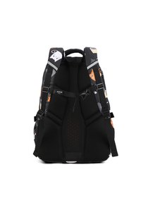 Zwarte rugzak met kleurrijke kattenpatronen, gevoerd mesh achterpaneel, verstelbare schouderbanden en reflecterende accenten voor zichtbaarheid.