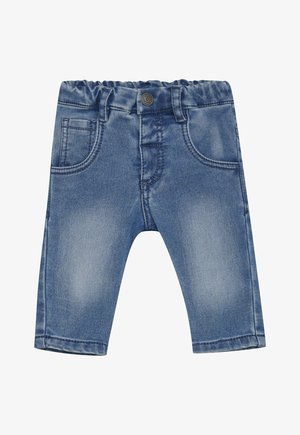 Blauwe denim peuterbroek met elastische taille, met voorzakken, riemlussen, knoopsluiting en subtiele vervaging op de dijen.