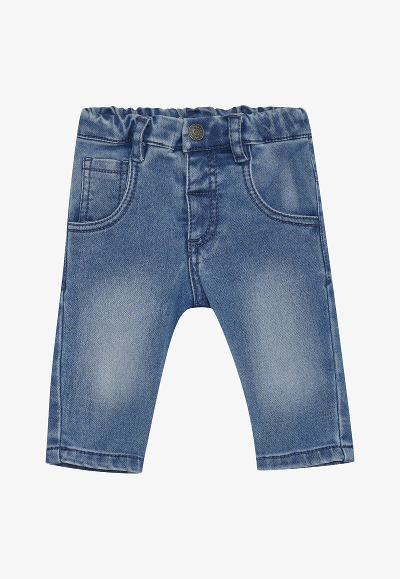 Elastyczne niebieskie dżinsowe spodnie dziecięce z kieszeniami z przodu, pętli na pasek, zapięciem na guzik oraz subtelnymi wyblakłymi miejscami na udach.