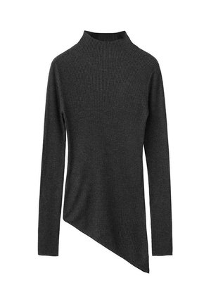 Dark gray ribbed turtleneck sweater with long sleeves and an asymmetrical hemline, featuring a textured fabric throughout.