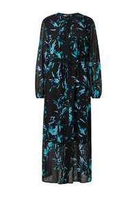 Langes schwarzes Kleid aus transparentem Stoff, mit einem lebhaften blauen und türkisfarbenen abstrakten Muster, langen Ärmeln und einer taillierten Bindung.