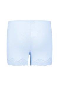 Light blue cotton shorts with a textured heart pattern and scalloped lace trim at the hem, featuring a fitted design.
