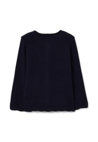 Maglione lavorato a maglia blu navy con maniche lunghe, scollo rotondo e dettagli in pizzo intricato all'orlo. Texture morbida, vestibilità casual.