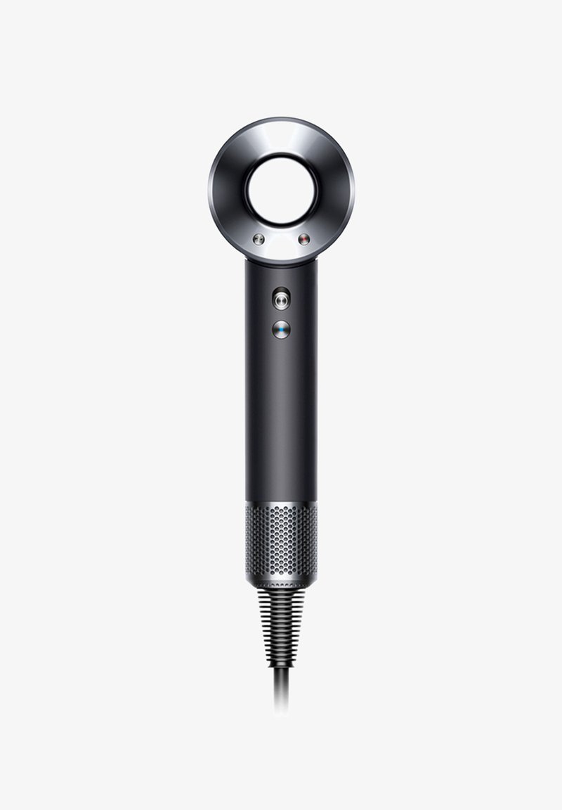 Haartrockner mit einem runden Düsenaufsatz, mattschwarzem Gehäuse, strukturiertem silbernem Griff, Tasten auf der Vorderseite und einem gekringelten Stromkabel.