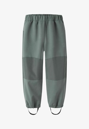 Zelené kalhoty s elastickým pasem, vyztuženými nákoleníky a nastavitelnými popruhy pod nohu na elastických lemech.