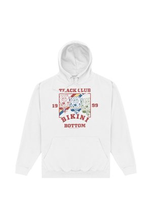 Weißer Hoodie mit Vintage-Print von drei laufenden SpongeBob-Figuren und dem Schriftzug „Track Club Bikini Bottom 1999“ auf der Vorderseite.