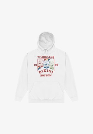 White hoodie with a vintage-style print of three running SpongeBob characters and text "Track Club Bikini Bottom 1999" on the front.