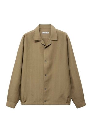 Khaki button-up shirt with a spread collar, long sleeves, and subtle vertical stripes; features dark buttons and elastic hem for a relaxed fit.