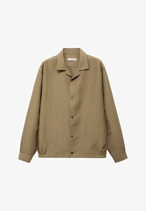 Khaki knoopshirt met een spread collar, lange mouwen en subtiele verticale strepen; heeft donkere knopen en een elastische onderrand voor een casual pasvorm.