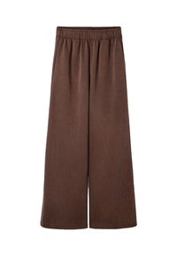 Bruine wijde broek gemaakt van zacht materiaal. Voorzien van een elastische tailleband en een gladde textuur. Geen zakken of opvallende patroondetails.