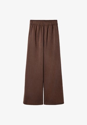 Brown wide-leg trousers made of soft fabric. Features an elastic waistband and a smooth texture. No pockets or distinct patterns.