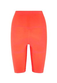Ryškiai oranžinės, aukštu liemeniu be siūlių dviratininkų šortai iki vidurio šlaunies su subtiliu kontūro siuvimu.