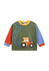 Hosszú ujjú zöld pamut ing piros traktor grafikával, kék gumiabroncs nyomattal, valamint színes ujjakkal (kék, piros, sárga díszítéssel).