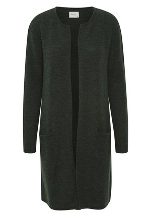Cardigan long, ouvert à l'avant en vert foncé, fabriqué en maille douce. Dispose de deux poches avant et de poignets côtelés. Sans fermetures.