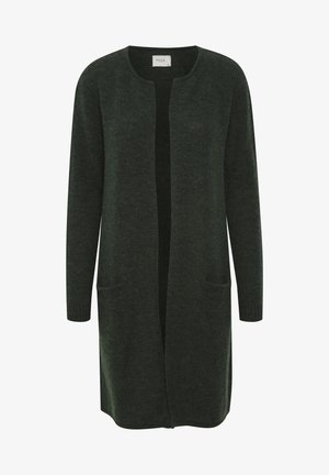 Long, open-front cardigan in dark green, made from soft knit material. Features two front pockets and ribbed cuffs. No fastenings.