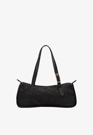 Black leather handbag with a smooth finish, elongated design, dual flat straps, gold-tone hardware, and subtle logo detail on the front.