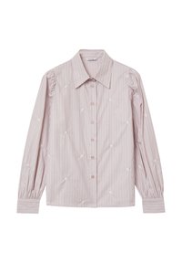 Camicetta a righe in rosa chiaro e bianco con maniche a sbuffo, caratterizzata da ricami floreali e bottoni rosa, realizzata in tessuto leggero.
