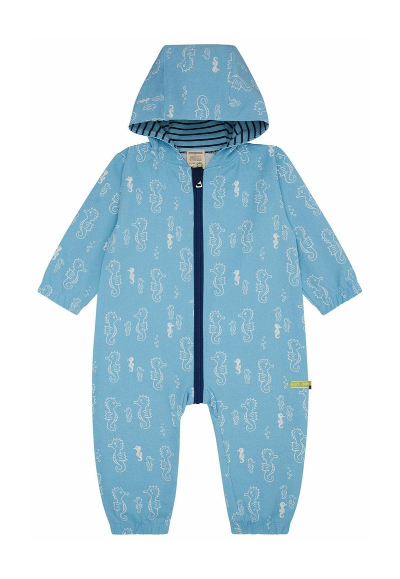 Blaues Zip-Up-Overall mit einem Seepferdchen-Muster, ausgestattet mit einer gestreiften Kapuze und elastischen Bündchen. Hergestellt aus weichem Material mit einem vorderen Reißverschluss.